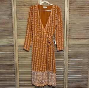 june & hudson Long Sleeve Wrap Midi Brown Paisley Print Dress Size Large